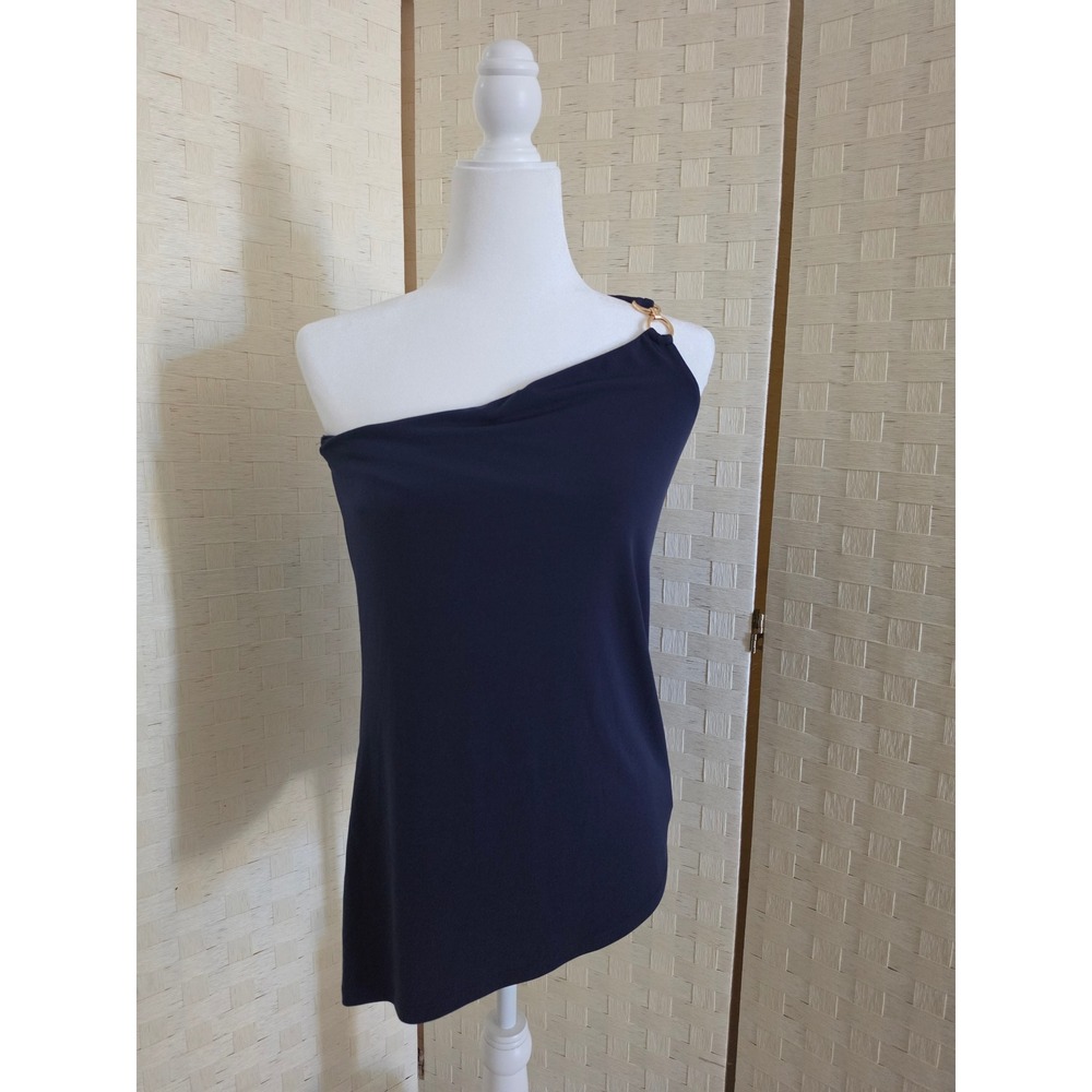 Michael Kors Womens Navy Blue One Shoulder Top Gold Ring Detail Size S